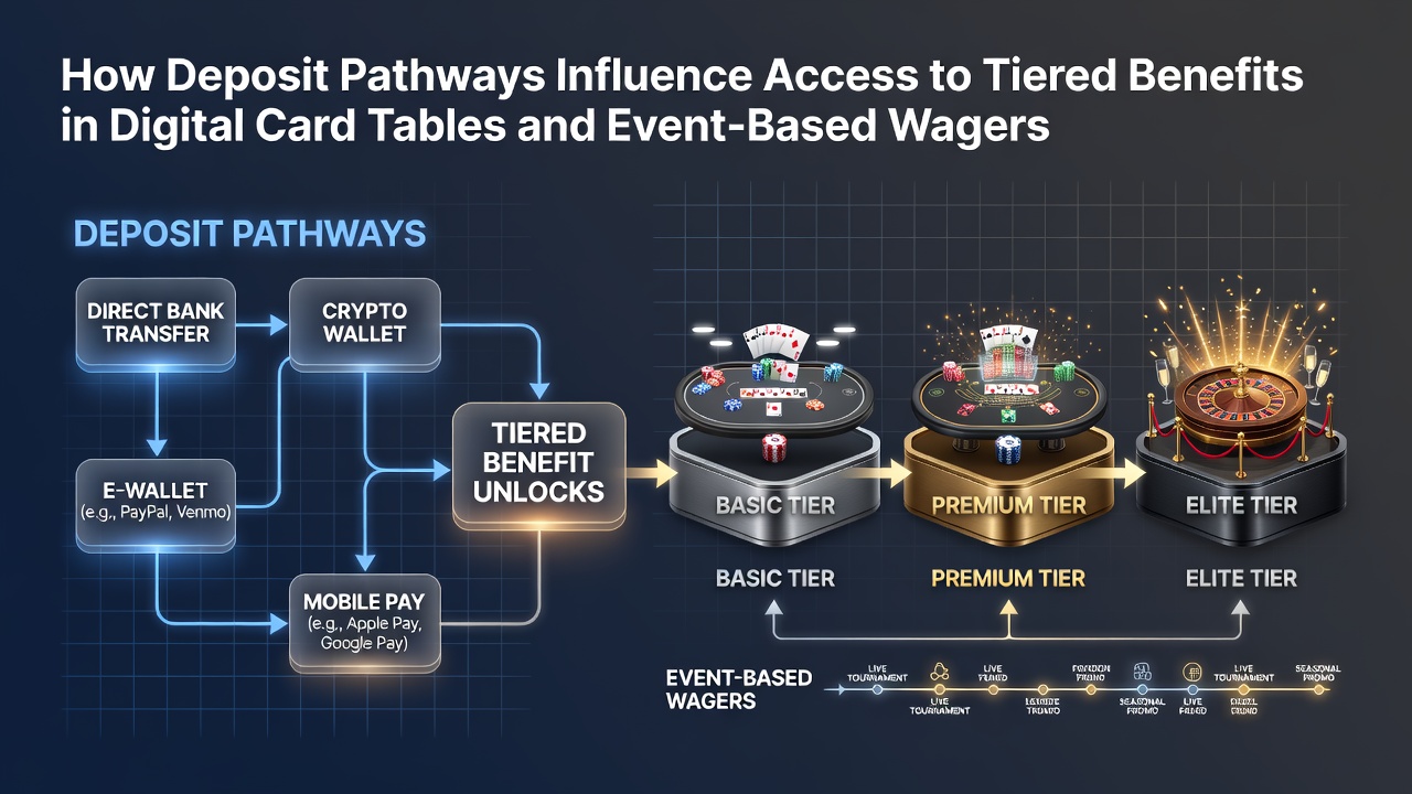 Illustration of deposit pathways connecting to tiered benefits in digital card tables and event wagers