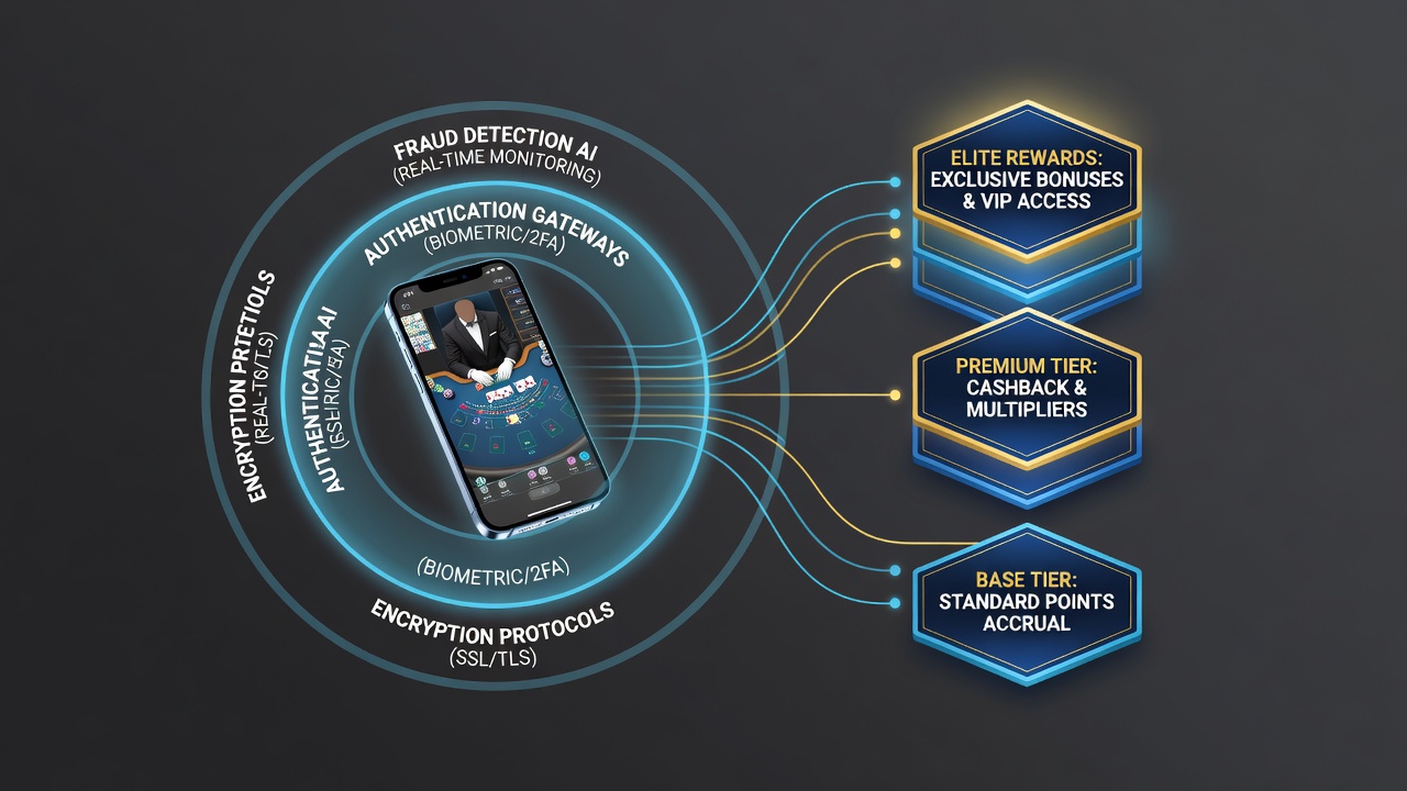 Athletic prediction dashboard merged with live dealer rewards interface on smartphone showing tier progression and security verification status